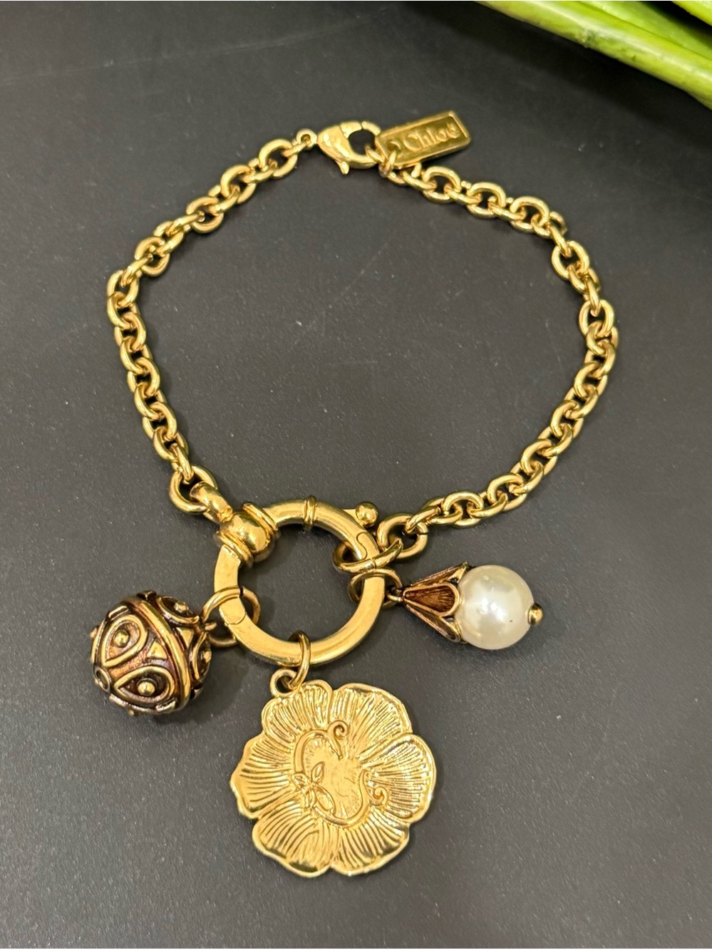 CHLOÉ Chloe Chateau Treasures Gold-tone Brass & Imitation Pearl Charm Bracelet